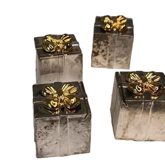 Vintage Silver & Gold Tone Place Card Holders Box Present With Bow Godinger Six - Picture 3 of 9